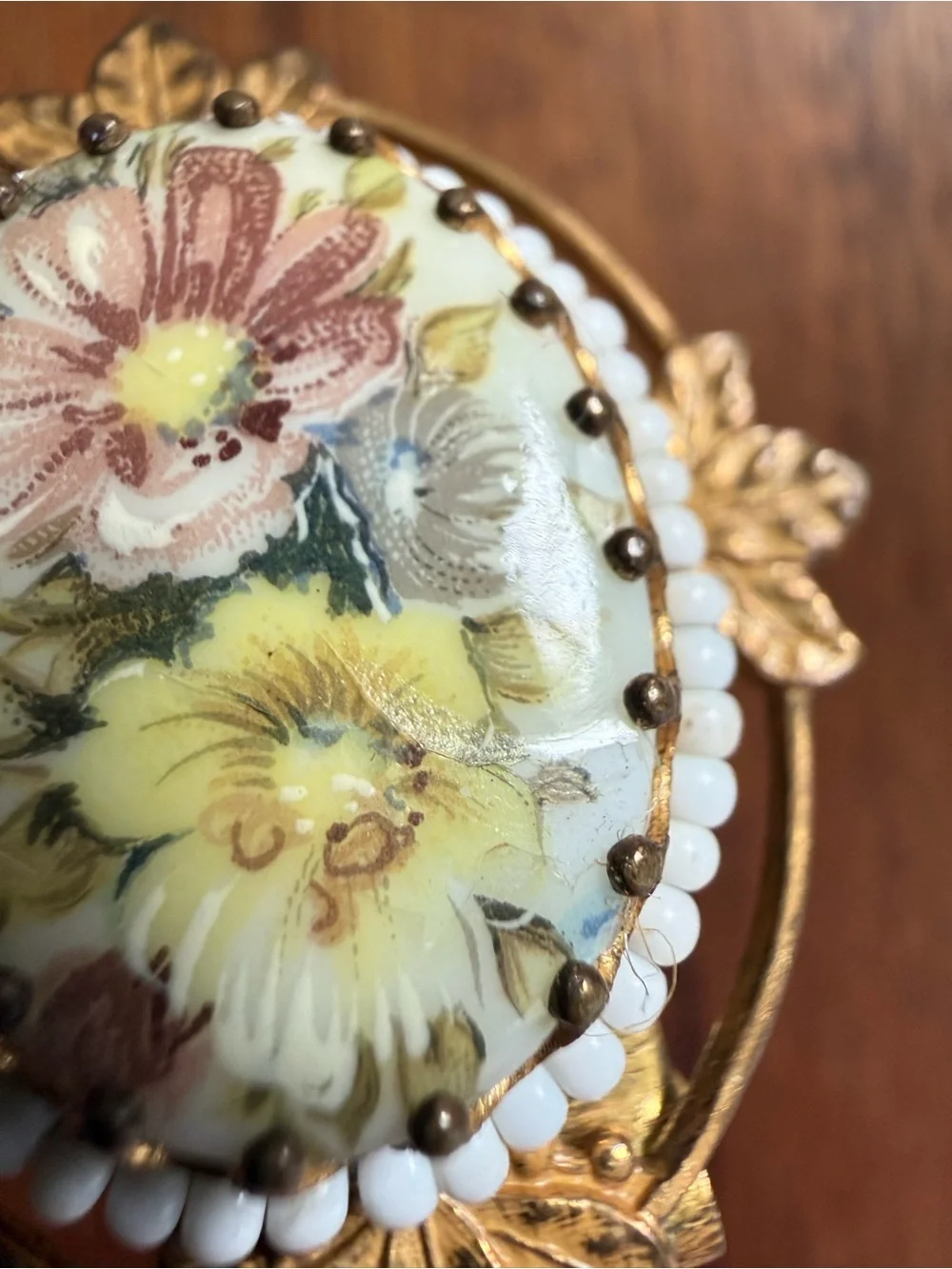 VTG Miriam Haskell Floral Porcelain Bracelet Victorian Seed Bead Gold Tone